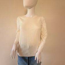 LOFT Women Cream Eyelet Sleeve Knit Sweater Off White Crew Neck Scallop Cuff XS