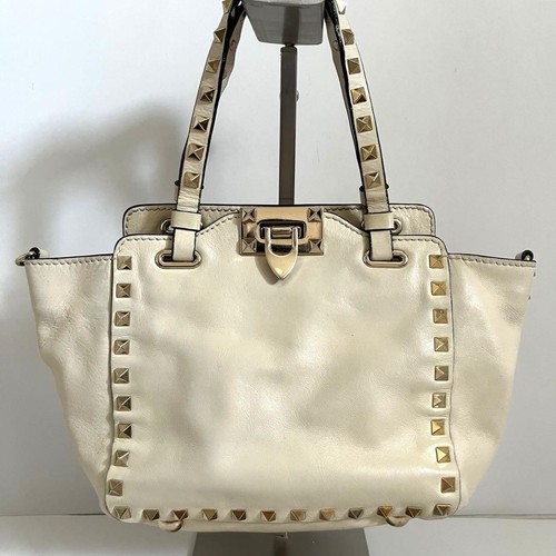 VALENTINO GARAVANI Women Rockstud 2-Way Leather Tote Shoulder bag Beige Gold