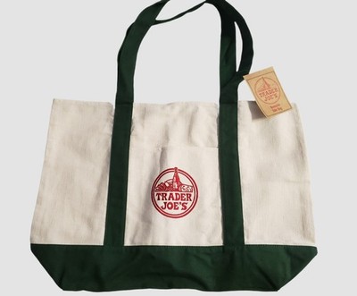 Trader Joe's Canvas Reusable Tote Bag -  Off White & Forest Green - Red Logo