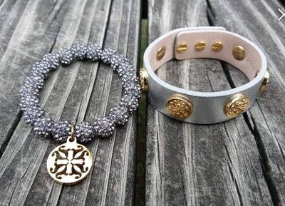 2 Rustic Cuff Bracelets Stack Mixed Metal Lot Leather Beaded Gold Silver Pewter