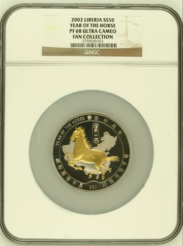 2002 Liberia S$50 Silver 5oz Year of the Horse NGC PF68UC
