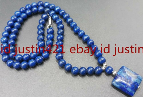 Natural 6mm Lapis Lazuli Round Beads Square Pendant Gemstone Necklace 18'' AAA - Picture 3 of 12