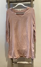 Womens Boho V-Neck Solid Pink Mini Dress Summer Long Sleeve NEW Sundress Small