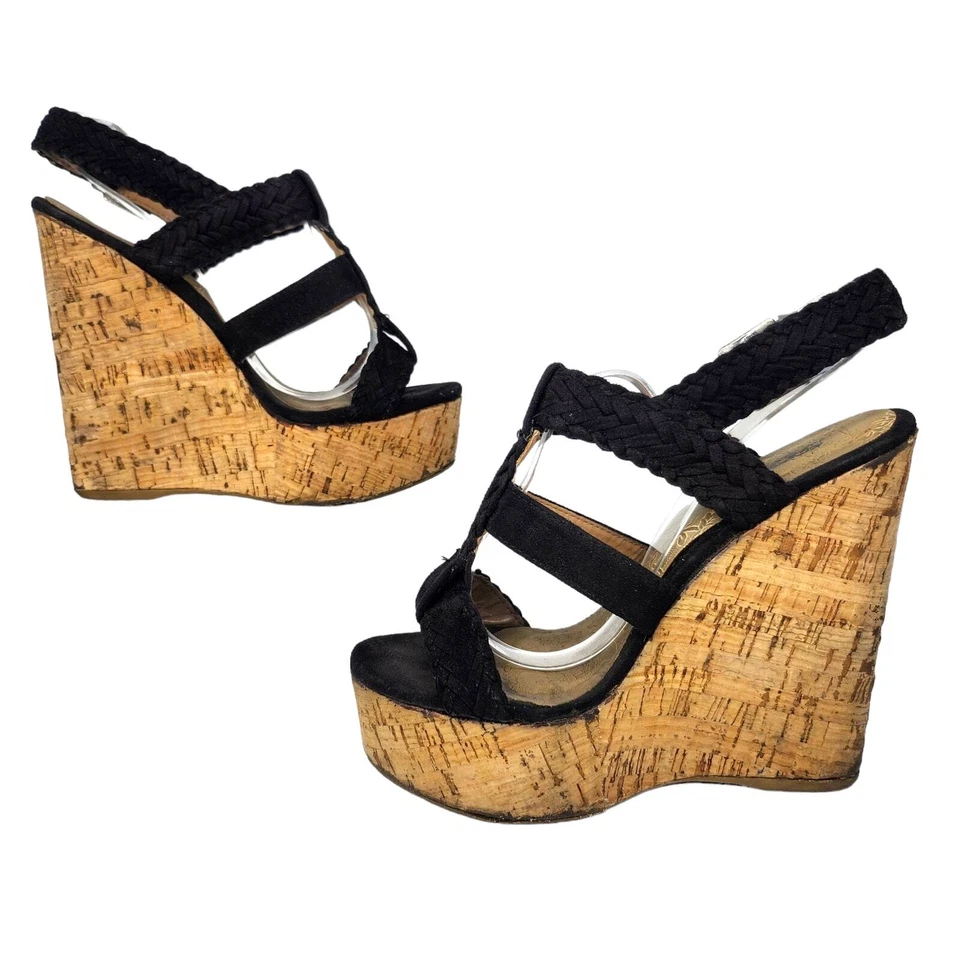 Soda Shoes Womens 7 Black Strappy Wedge Heels Peep Toe Summer Boho Bohemian Sexy - Image 2 of 4