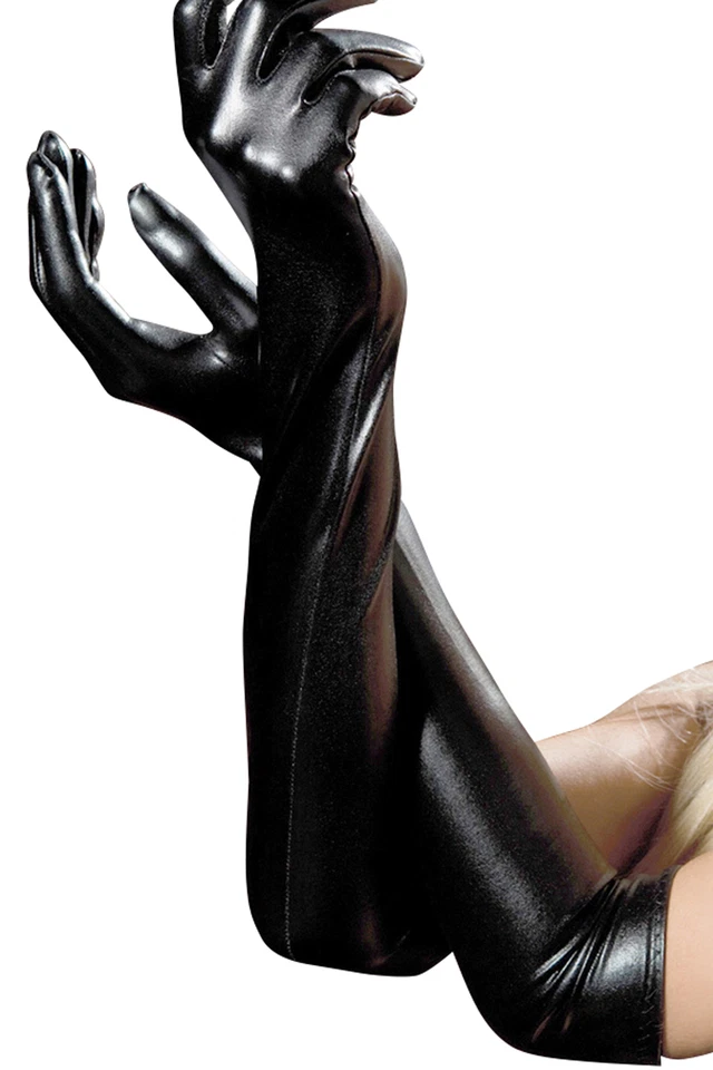 2 x sexy schwarze lange Damen Lack Handschuhe wet-look Gothic