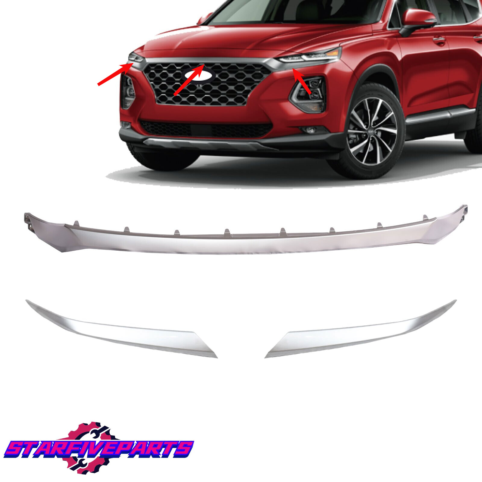 Front Grille Middle/Side Molding Trims Silver For 2019-2020 Hyundai Santa Fe