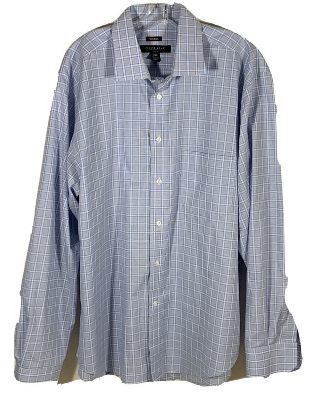 Pronto Uomo men's dress shirt light blue plaid no iron long sleeves size 2XL