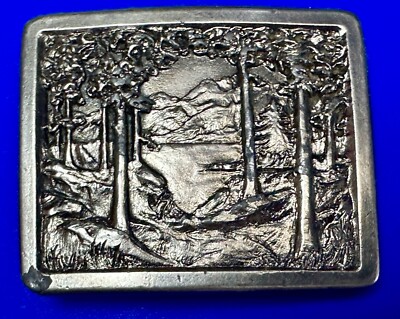 Rolling Hills Lake Nature Scene A-96 Indiana Metal Craft Vintage Belt Buckle