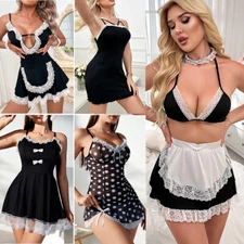 Women Sexy Lingerie Lace Maid Costume Nightwear Sleepwear Slip Dress G-string US