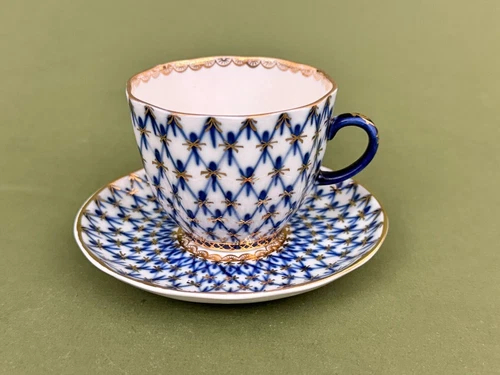VTG USSR Imperial Lomonosov Cobalt Net Flat Demitasse Cup & Saucer Gold Trim