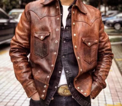 Men's Genuine Lambskin Leather Distress Brown Vintage Biker Jacket