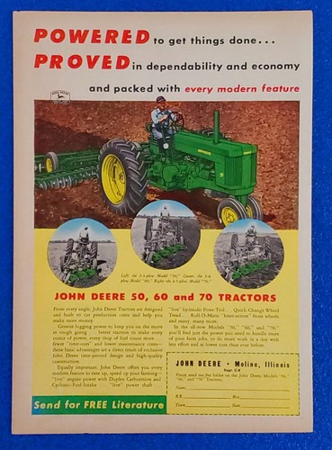 1953 JOHN DEERE 50-60-70 SERIES TRACTORS ORIGINAL COLOR PRINT AD FREE SHIPPING