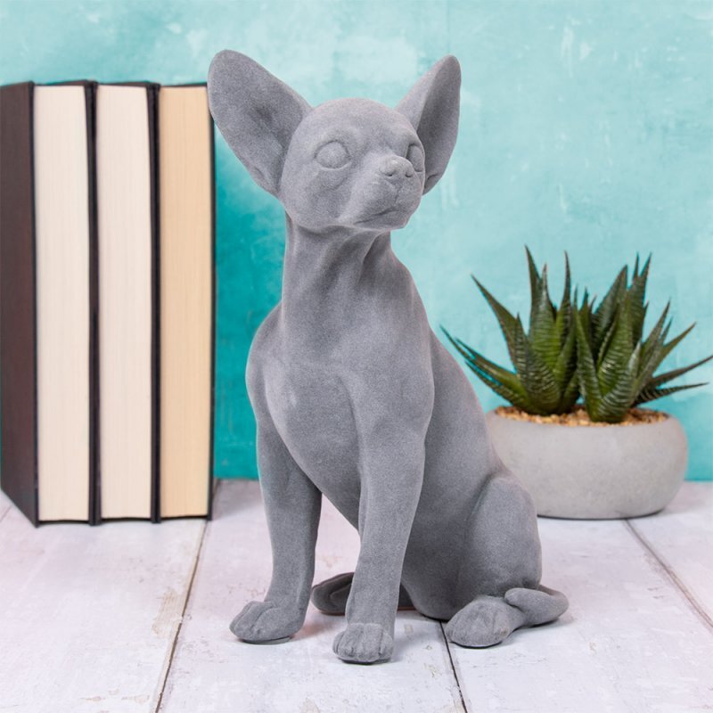 Dog Figurine Ornament Animal Figure Chihuahua Sitting Velvet Smooth Grey Resin