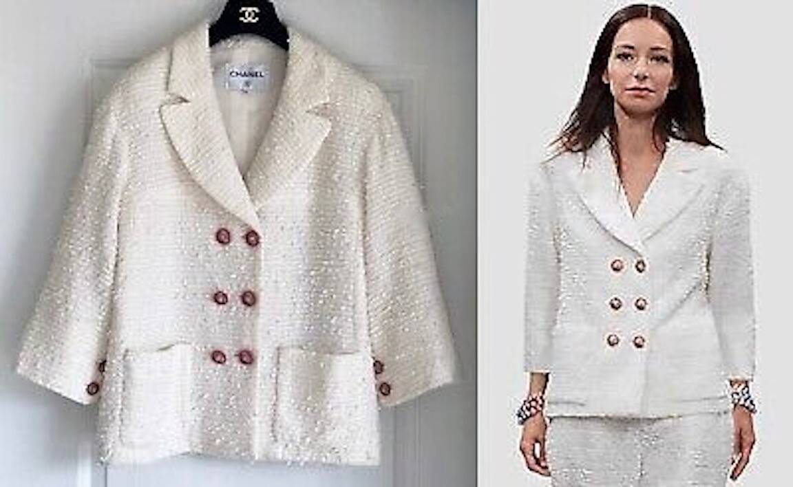 CHANEL 17P TWEED WHITE RED CC LOGO BUTTONS BLAZER JACKET FR40 US8