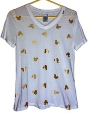 Disney Jerry Leigh White W/ Shiny Gold Mickey Mouse Print V-Neck T-Shirt XS