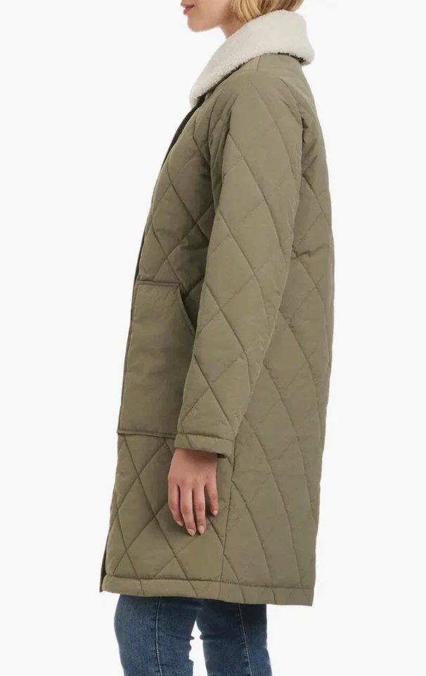 Sanctuary Quilted Coat Puffer w/Removable Faux Shearling Collar Large $220 Sage - Image 3 of 4