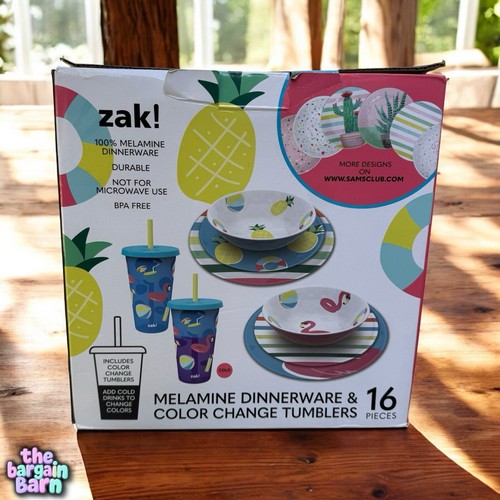 ZAK! 16pc Pink Flamingo Summer Melamine Color Change Tumblers Dinner Set (NIB) - Picture 3 of 4