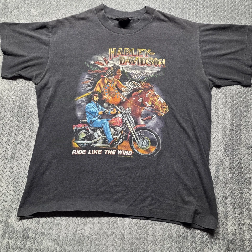 Camiseta masculina vintage 1991 Harley-Davidson Holoubek Ride Like The Wind G preta EUA - Imagem 3 de 4