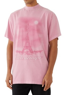 Balenciaga Paris Oversized Pink Distressed Tee T-Shirt Baumwolle Größe L Unisex