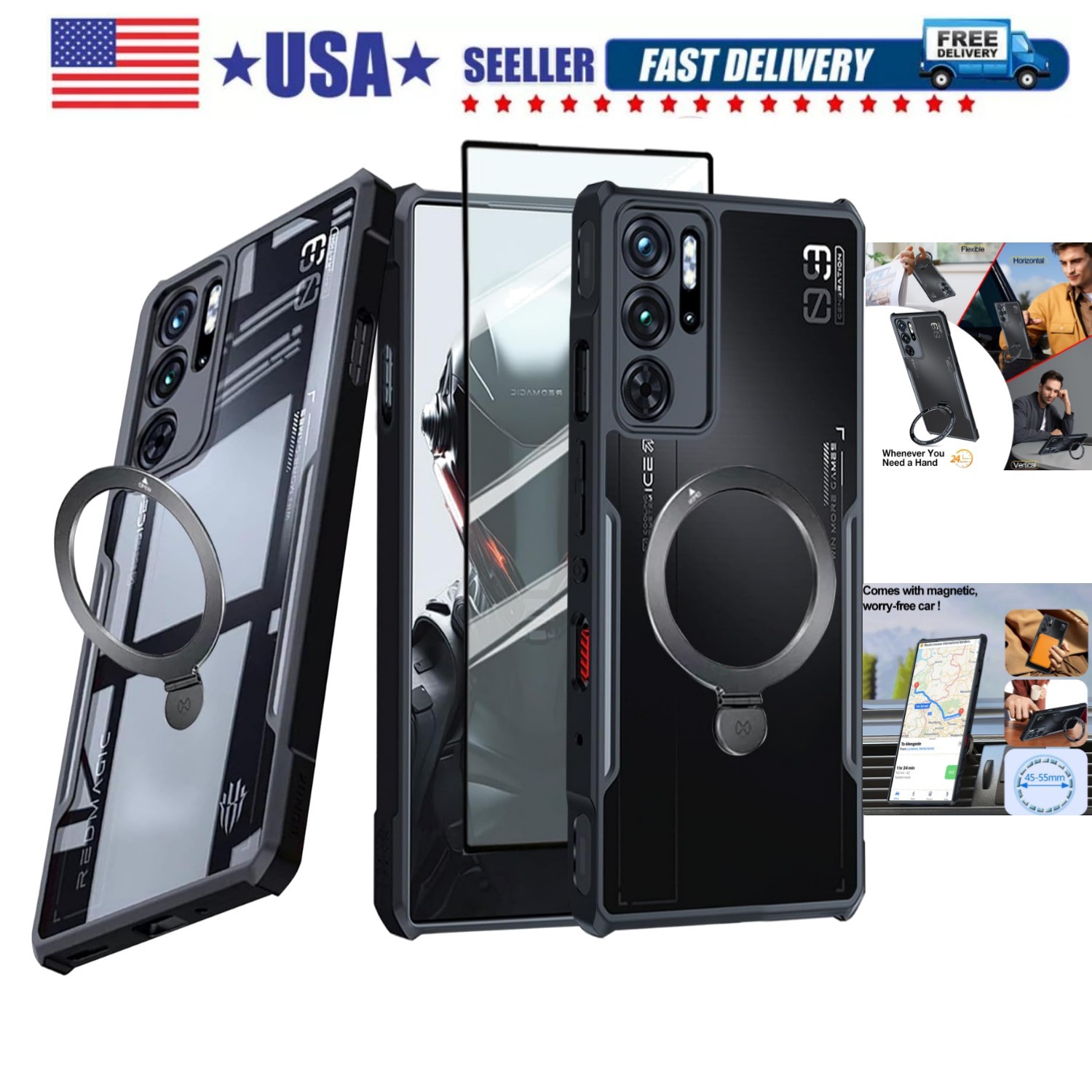 ZTE Nubia Red Magic 9 Pro / 9 Pro+ Case with Ring Holder, Soft TPU Bumper + M...