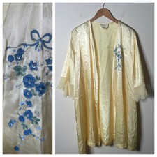 Butter Yellow Satin Robe Blue Flowers Bow Coquette Cottage Feminine Retro XL