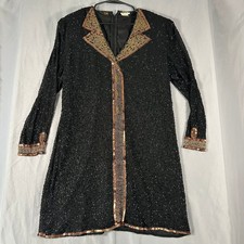 Eve's Allure Beaded Silk Dress Women Large Black Gold Sequin Vintage