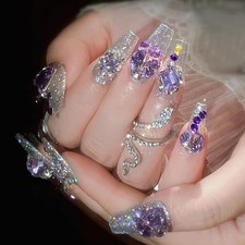 Press on Nails - Long Coffin Fake Nails with Purple 07104-01-02Purple