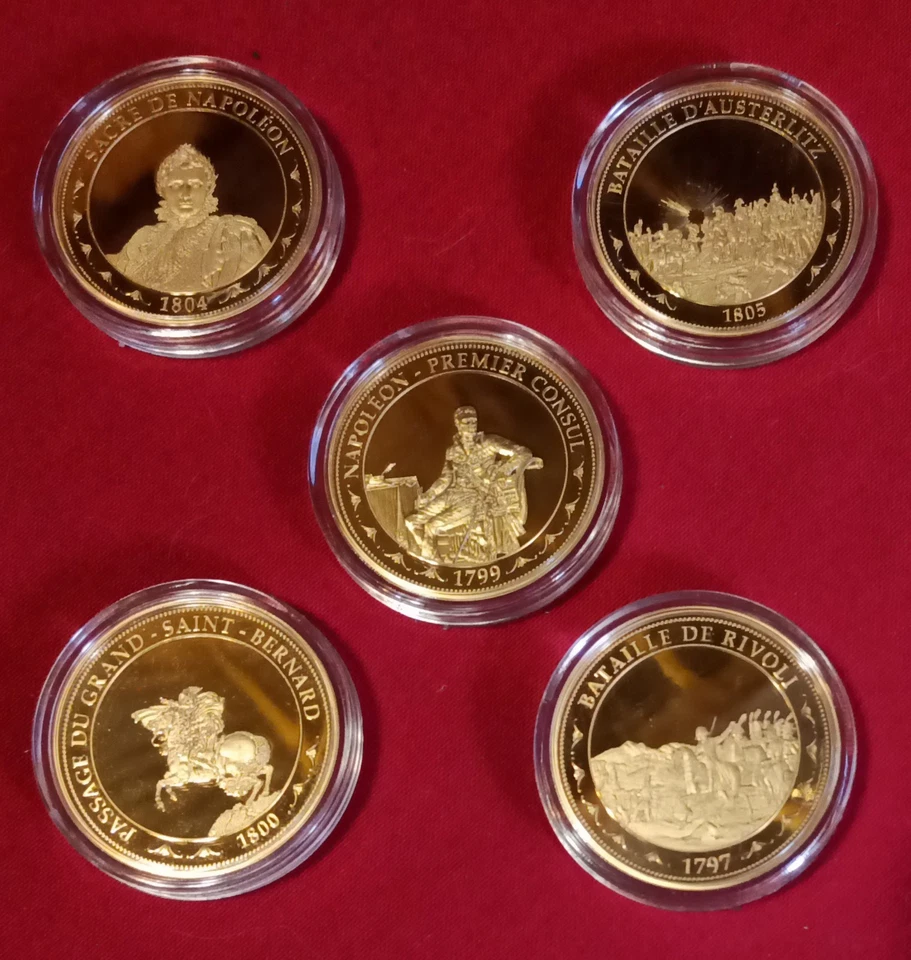 5 Pieces Commémoratives Napoléon Bonaparte Plaqué Or Fin 24K - Photo 1/3