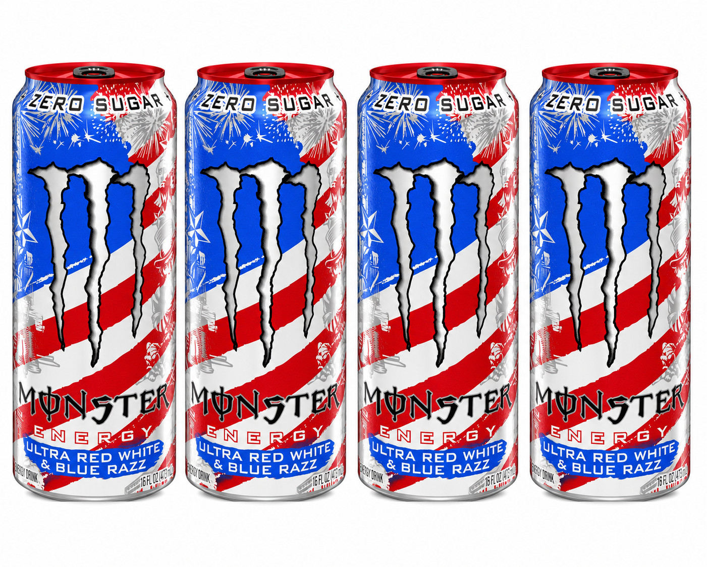 MONSTER ENERGY ULTRA RED WHITE & BLUE RAZZ FLAVOR DRINK ZERO SUGAR  4 - Cans
