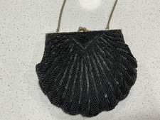 Unbranded Vintage Black Beaded Scalloped Clam Shell Evening Bag Purse Clutch