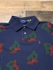 Polo Ralph Lauren Polo Shirt Men Large Blue P Wing Print Classic Fit Casual Boxy