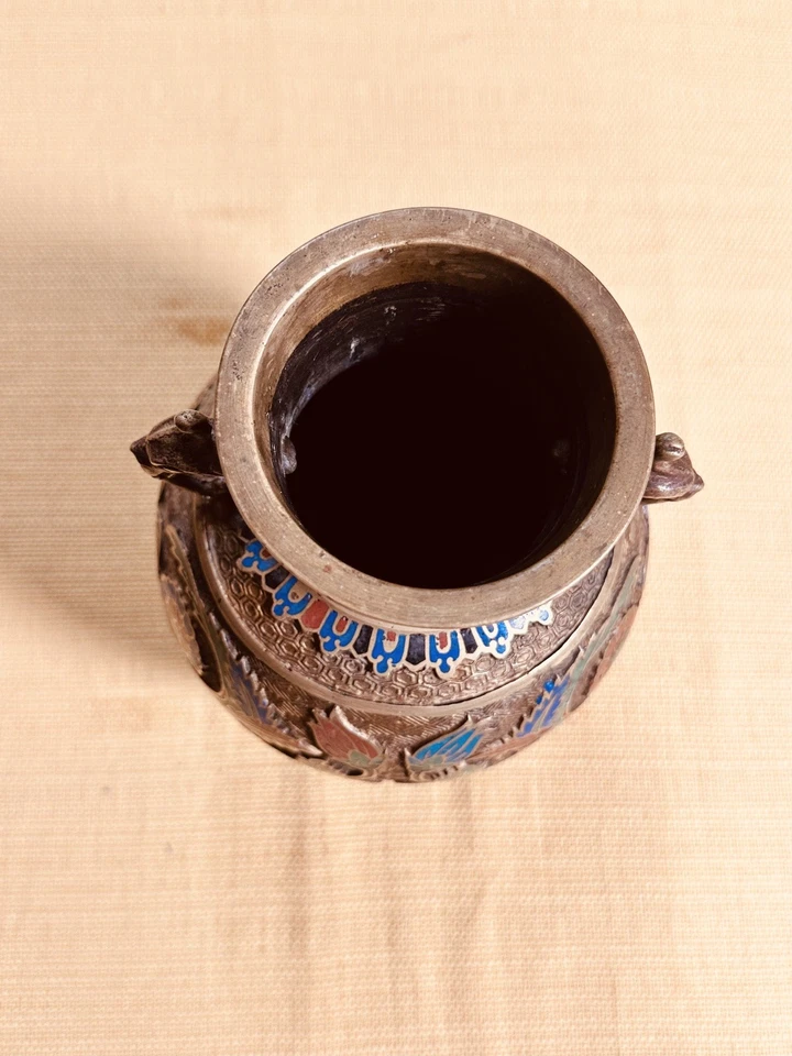 Antique Japanese Metal Champlevé Vase/Enamel Urn/Pot/Flower Vase/Enamel Art - Image 4 of 4