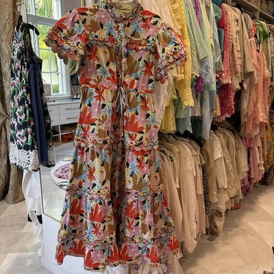 Celia B Freya MIDI Dress Embroidered Floral Crayon Multicolor Southern Size L