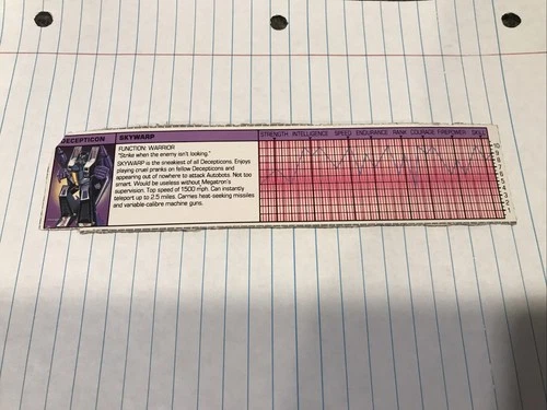 Original TRANSFORMERS G1 SKYWARP Tech Spec Card VINTAGE Bio/Stats CUT-OUT