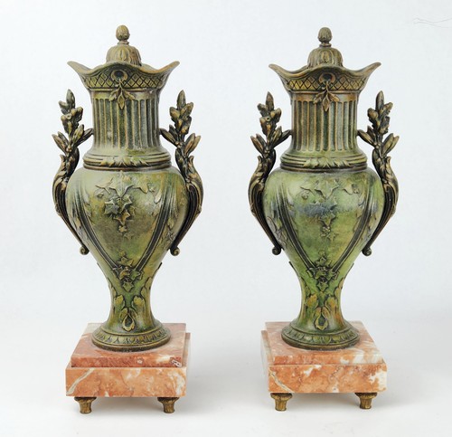 Pair Vintage Neoclassical Bronzed Spelter Urn Garnitures Marble Bases 13-3/4" H