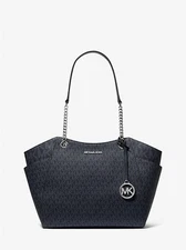 Michael Kors Jet Set Chain Travel Large Logo Shoulder Tote Bag Black Signature.