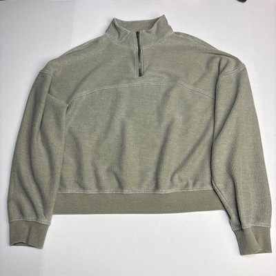 Thread + Supply Women s Large Shirt Ribbed Olive Green Cropped Collared Pullover