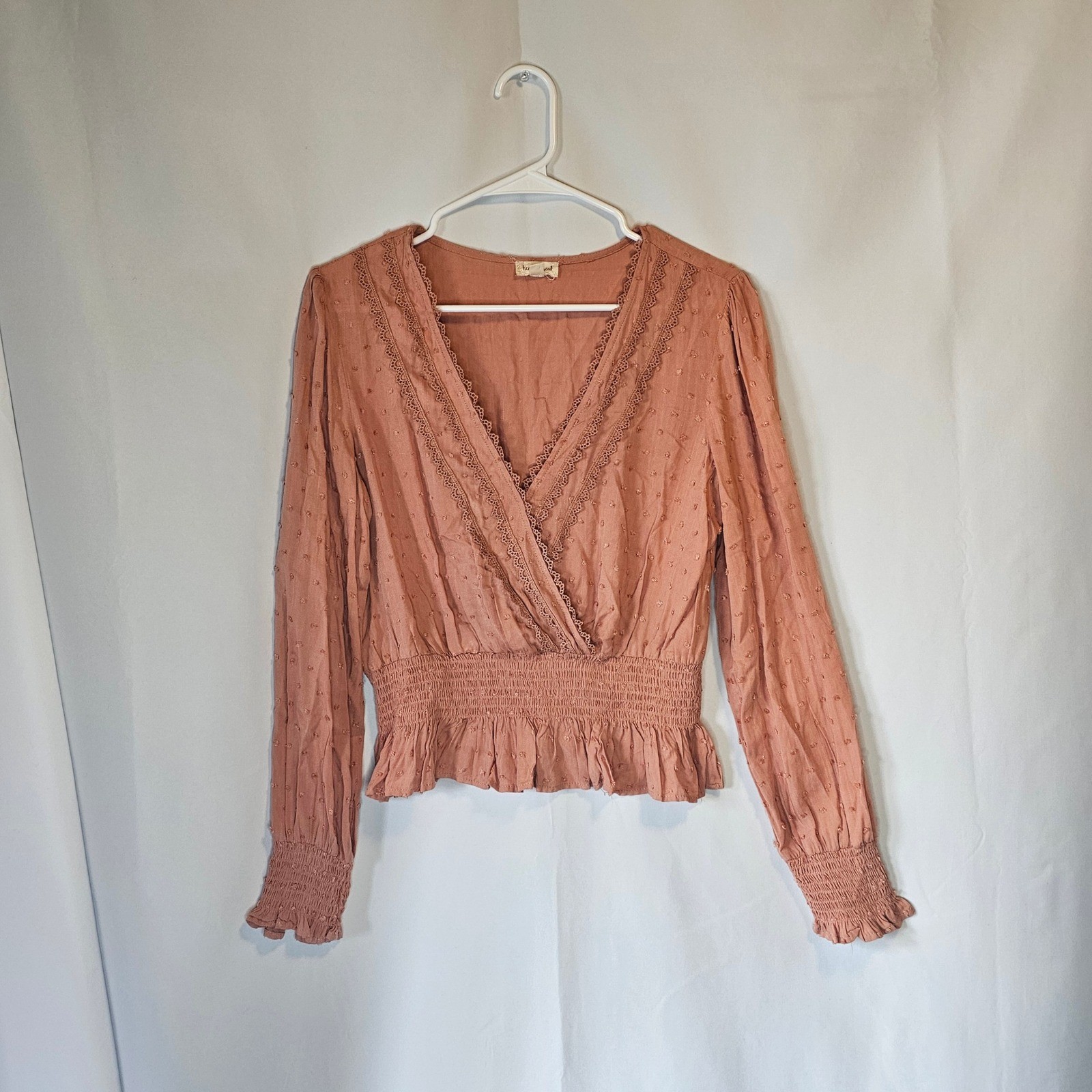 Hem & Thread Swiss Dot Smocked Peplum Blouse M Pink Boho Cottagecore