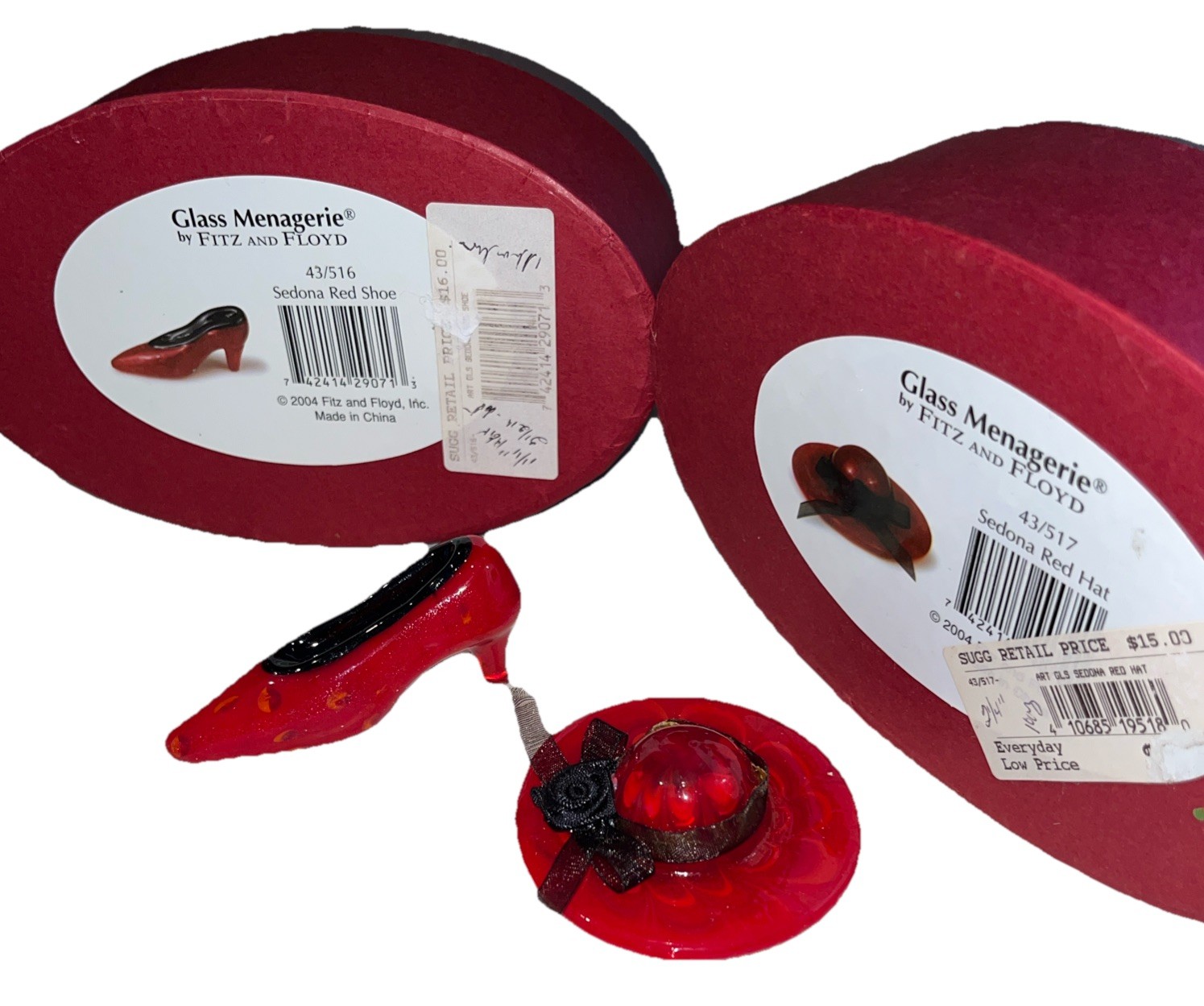Fitz & Floyd Art Glass Menagerie Sedona Red Hat 43/517 and Red Shoe 43/513