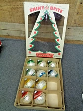 Vintage Shiny Brite Glass Christmas Ornaments Lot of 10 w/Box Glittered Designs