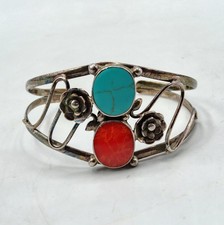 Bijou bracelet manchette Navajo en argent massif 925 turquoise et corail rouge