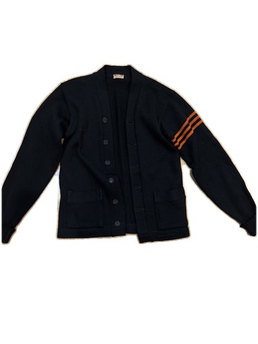 Vintage 40s 50s Sand Knit Wool Varsity Letterman Cardigan Blank Black Orange S