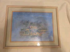 1980s Shimmery Pastels Abstract/ Impressionist Framed Woodland Clearing Painting