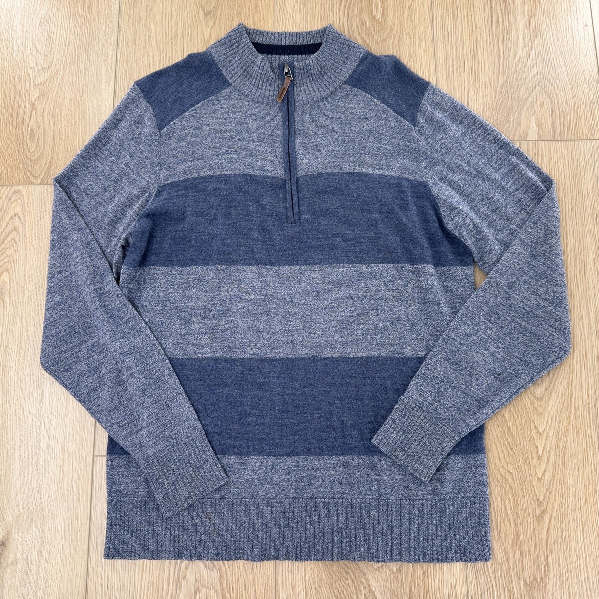 Smartwool Sz M Mens Stripe Half Zip Sweater Wool Gray Blue Collar