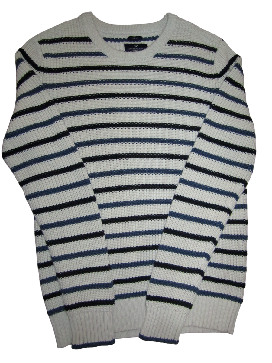 American Eagle Sweater Stripe Chunky Knit Medium Grey Cream