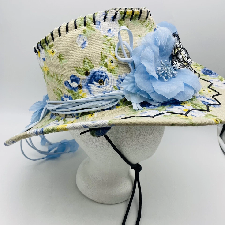 Único sombrero de vaquera azul amarillo floral lentejuelas Foto 3 de 4