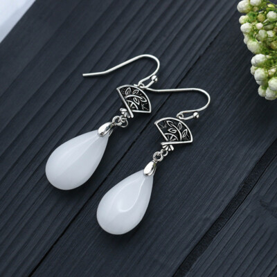 Chinese Women Classical Style Plated Thai Silver Ear Drop Earrings