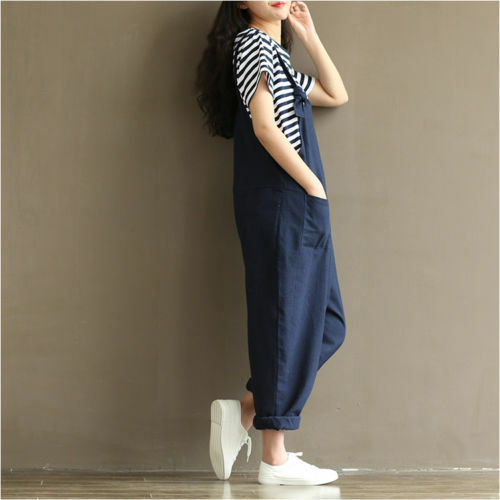 Oversized Ladies Womens Loose Dungarees Strappy Romper Baggy Overalls Jumpsuit - Picture 8 of 32