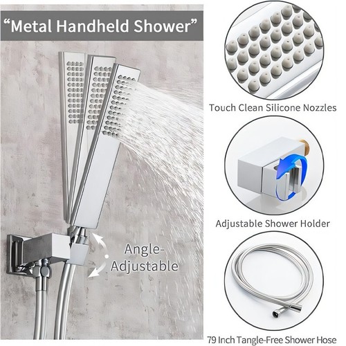 Shower Faucet Set LED Rain Head Combo Thermostatic Mixer Valve with Massage Jets - Picture 36 of 171