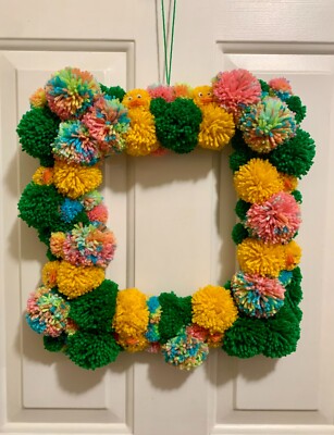Pom Pom Yarn Easter Chicks Spring Ducks Wreath - Eggs and Grass - Spring Door
